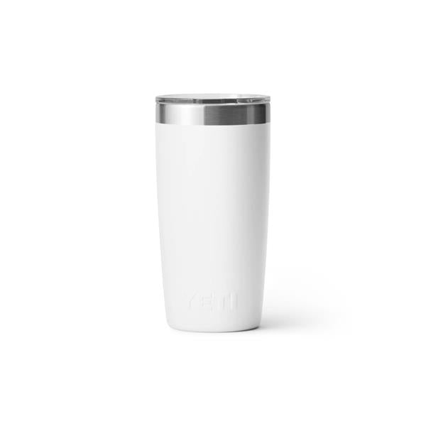 Closeup side view product image of a white tumbler mug with silver metal at the top rim with a clear plastic lid and the word Yeti on the front