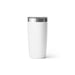 Closeup side view product image of a white tumbler mug with silver metal at the top rim with a clear plastic lid and the word Yeti on the front