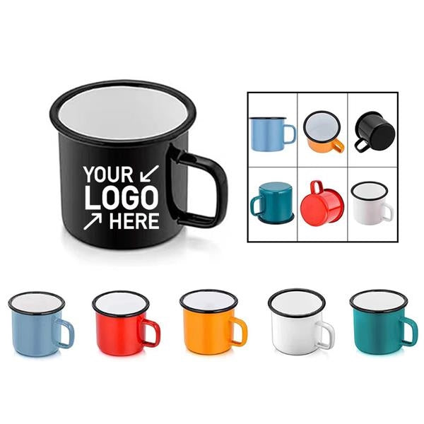 Product image of a six varying colors of enamel campfire mugs with handles and white interiors 