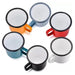 Top view product image of six enamel campfire mugs with handles, black rims and white interiors