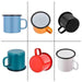 Product image of a white background with a lined grid. Inside of each section is a solid color campfire enamel mug with black rim and handle in blue, orange, black, green, red and white