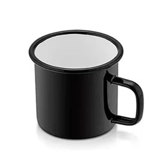 Closeup product image of black enamel campfire mug with handle, black rim and white interior