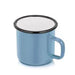 Closeup product image of light blue enamel campfire mug with handle, black rim and white interior