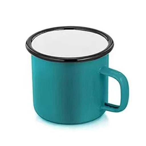 Closeup product image of aqua green enamel campfire mug with handle, black rim and white interior