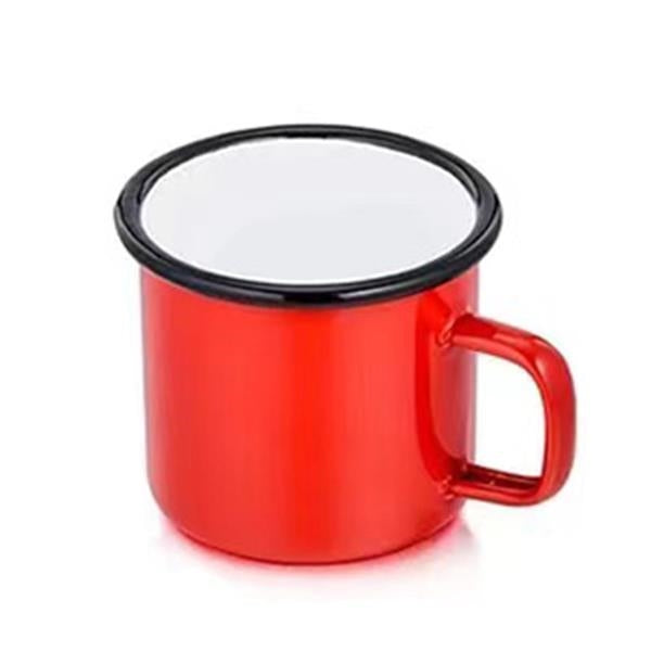 Closeup product image of bright red enamel campfire mug with handle, black rim and white interior