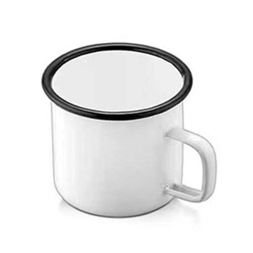 Closeup product image of white enamel campfire mug with handle, black rim and white interior