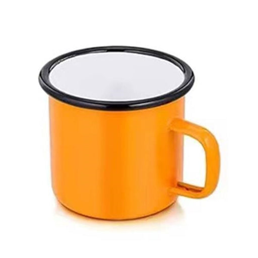 Closeup product image of bright yellow enamel campfire mug with handle, black rim and white interior