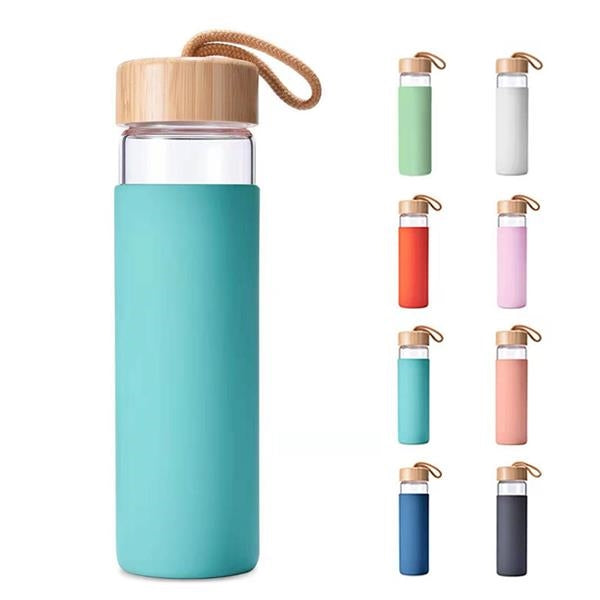 Glass Water Bottle with Wood Cap and Colorful Grip