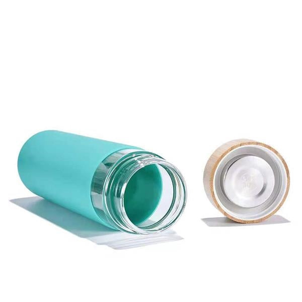 Glass Water Bottle with Wood Cap and Colorful Grip