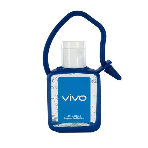 Closeup product image of a small clear bottle of hand sanitizer with a white cap, dark blue silicone bottle sleeve handle and blue label with the word Vivo