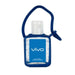 Closeup product image of a small clear bottle of hand sanitizer with a white cap, dark blue silicone bottle sleeve handle and blue label with the word Vivo
