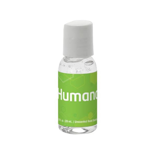 Closeup product image of a clear plastic bottle of hand sanitizer against a white background with a white cap and a green label with the word Humana