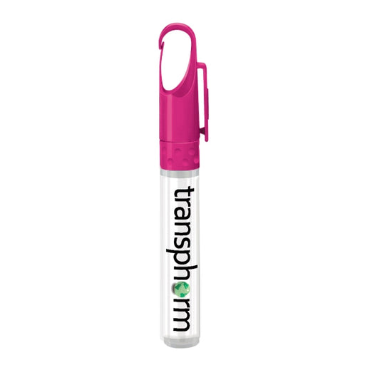 Closeup product image of a hand sanitizer tube shaped like a pen against a white background with a magenta pen cap with a hook. The clear tube has the word transphorm printed on it in black