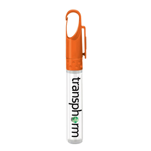 Closeup product image of a hand sanitizer tube shaped like a pen against a white background with a orange pen cap with a hook. The clear tube has the word transphorm printed on it in black