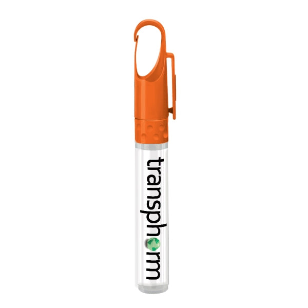 Closeup product image of a hand sanitizer tube shaped like a pen against a white background with a orange pen cap with a hook. The clear tube has the word transphorm printed on it in black