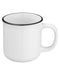 Closeup side view of a white ceramic mug with handle, black rim and inside of the mug is white