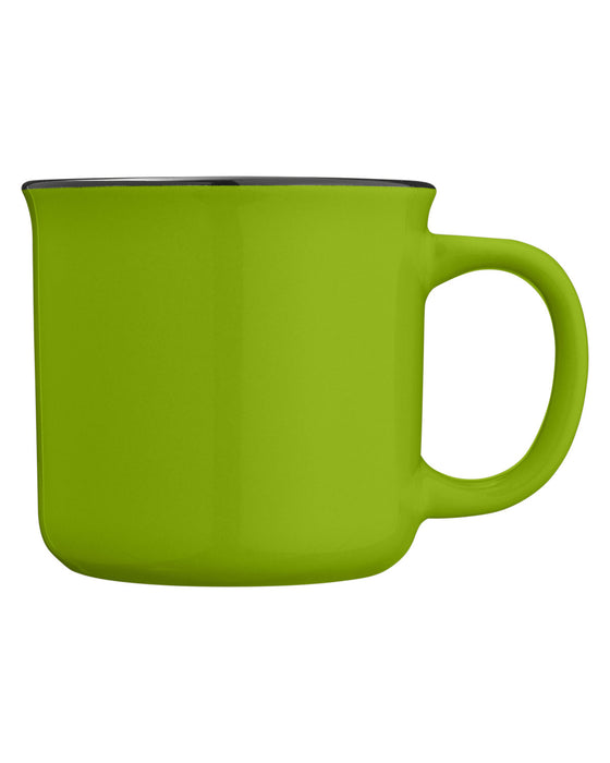 Closeup side view of a bright green ceramic mug with handle against a white background