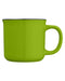 Closeup side view of a bright green ceramic mug with handle against a white background