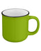 Closeup side view of a bright green ceramic mug with handle and inside of the mug is white