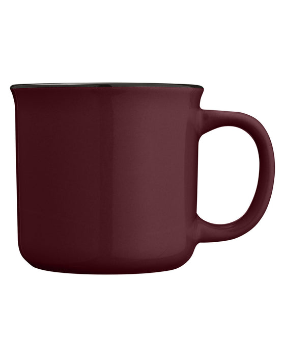 Closeup side view of a burgundy ceramic mug with handle against a white background