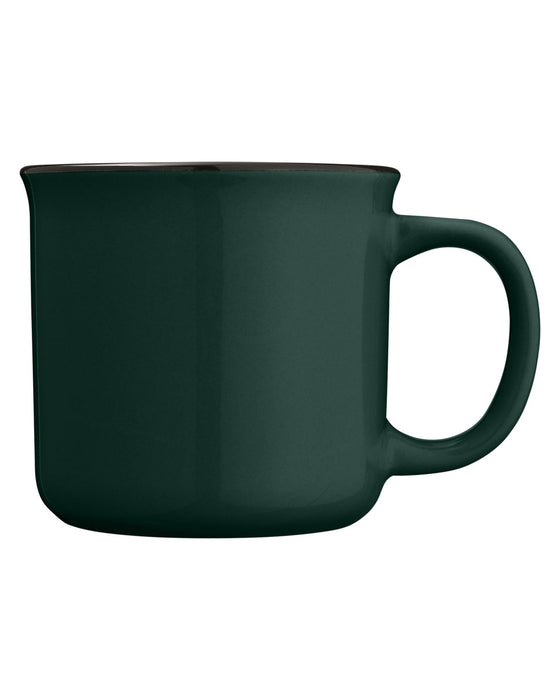 Closeup side view of a forest green ceramic mug with handle against a white background
