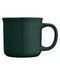 Closeup side view of a forest green ceramic mug with handle against a white background