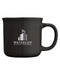 Closeup side view of a black ceramic mug with handle against a white background and a logo on the front with the words waterloo property management in white