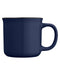 Closeup side view of a navy blue ceramic mug with handle against a white background