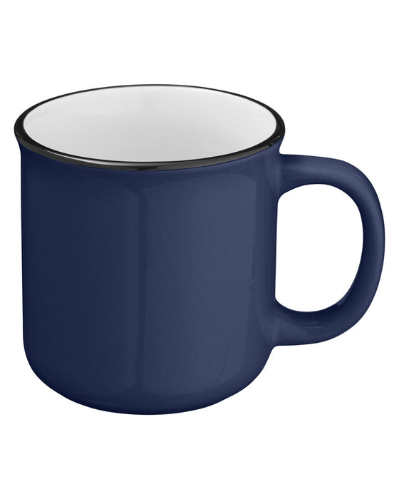 Closeup side view of a navy blue ceramic mug with handle and inside of the mug is white