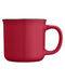 Closeup side view of a bright red ceramic mug with handle against a white background