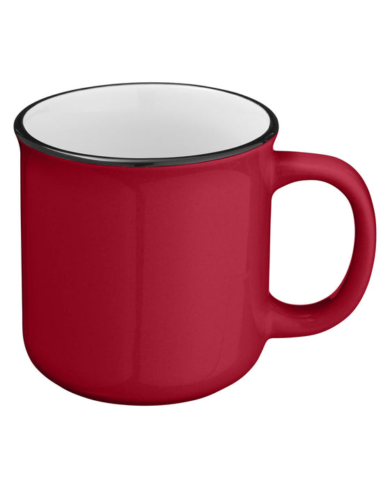 Closeup side view of a bright red ceramic mug with handle and inside of the mug is white