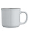 Closeup side view of a light grey ceramic mug with handle against a white background