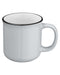 Closeup side view of a light grey ceramic mug with handle and inside of the mug is white
