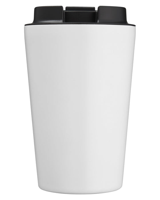 Closeup product image of white tumbler with a black lid 