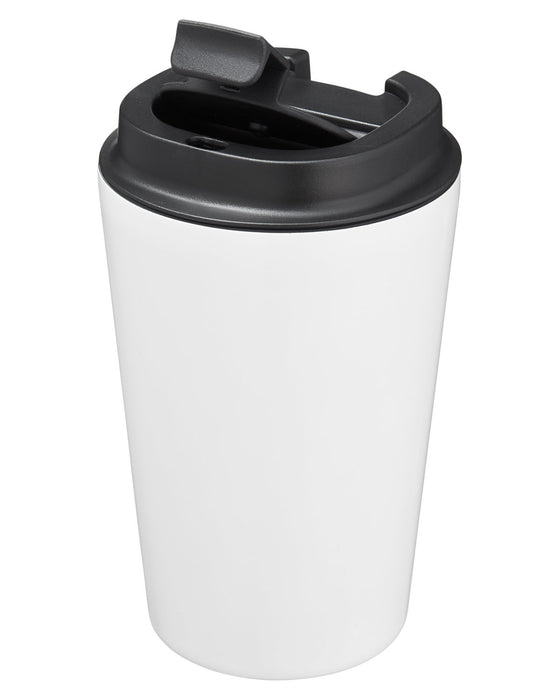Closeup top view product image of white tumbler with a black lid 