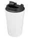 Closeup top view product image of white tumbler with a black lid 