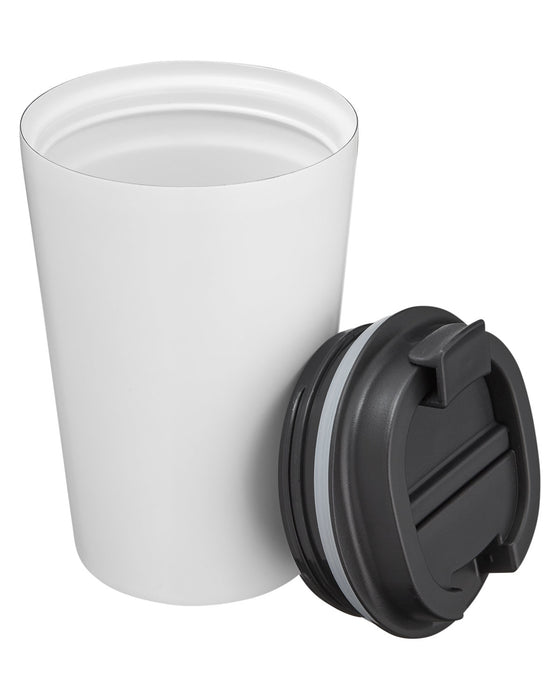 Closeup product image of white tumbler with a black lid 