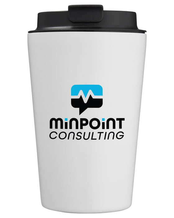 Closeup product image of white tumbler with a black lid and logo printed on the front