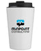 Closeup product image of white tumbler with a black lid and logo printed on the front