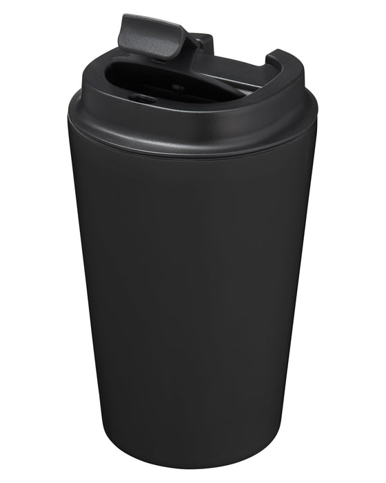 Closeup product image of black tumbler with a black lid 